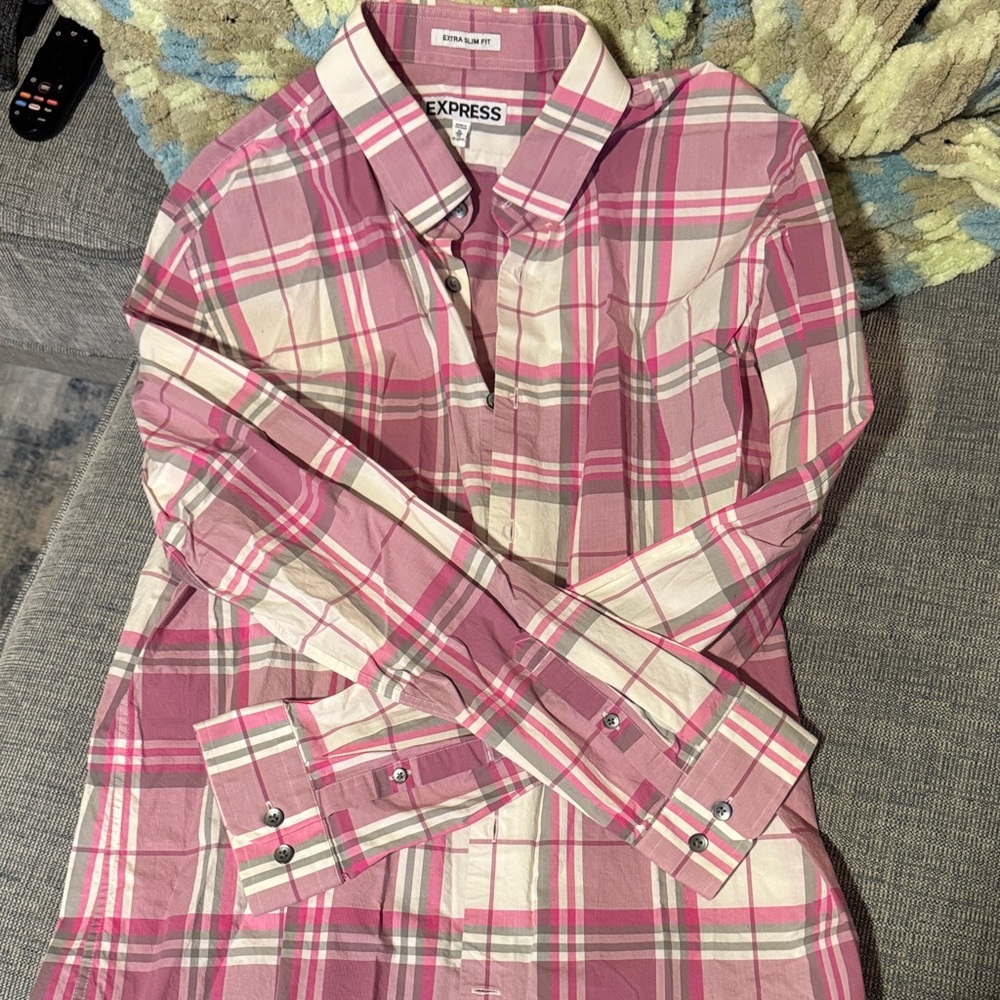 Express Pink and White Plaid Shirt